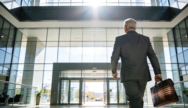 Senior executive walking through modern glass atrium toward bright office entrance