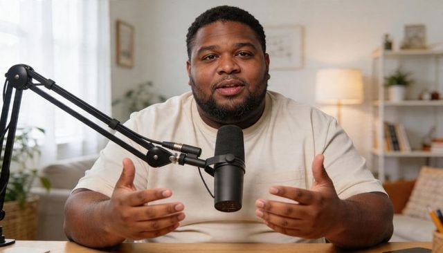 Host recording conversational podcast at home desk using professional condenser microphone