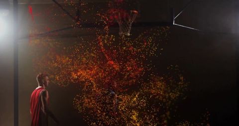 Basketball Player Surrounded by Vibrant Digital Particles
