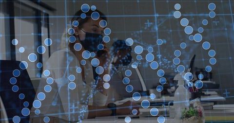 Masked Businesswoman Using Phone Amidst Digital Data Overlay in Office