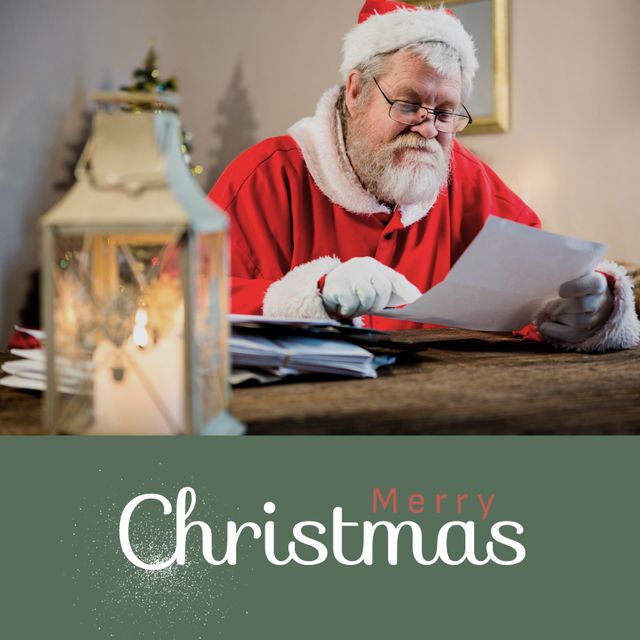 Santa Claus Reading Letter at Desk with Christmas Message Overlay - Download Free Stock Templates Pikwizard.com