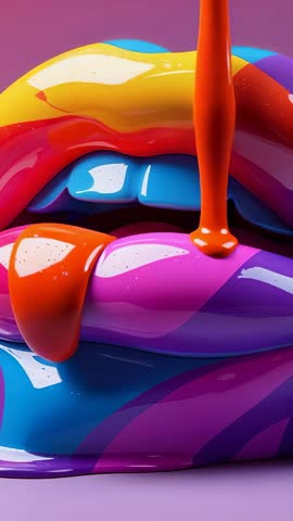 Pouring orange paint over glossy rainbow lips in dynamic vertical art video
