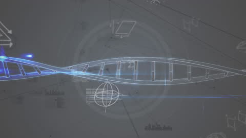 Abstract DNA Strand and Data Overlay on Grey Background