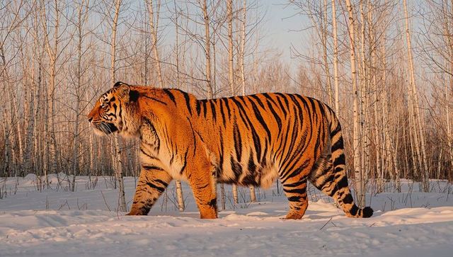 Siberian tiger walking through snowy birch forest at golden hour, winter wildlife portrait