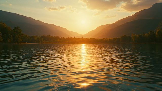 Serene Lake Sunset Reflecting Golden Light Amidst Mountain Peaks