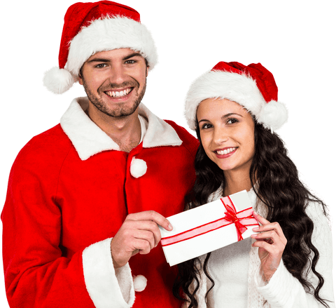 Cheerful Couple in Santa Hats Holding Festive Gift Transparent Background