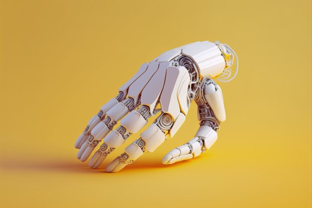 Image of cyber prosthetic of hand on yellow background, created using generative ai technology. Cyber, prosthetics and future concept, digitally generated image.