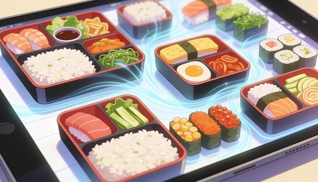Tablet displaying vibrant bento boxes and sushi with swirling blue energy trails and rice