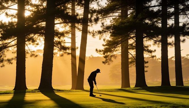 Silhouetted golfer putting at golden dawn among tall pines with long morning shadows