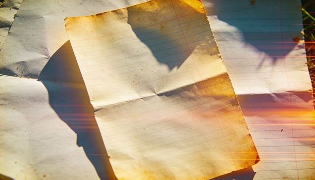 Sunlit Aged Lined Notebook Page with Burned Edges and Fold Crease, Warm Golden Flare Glow