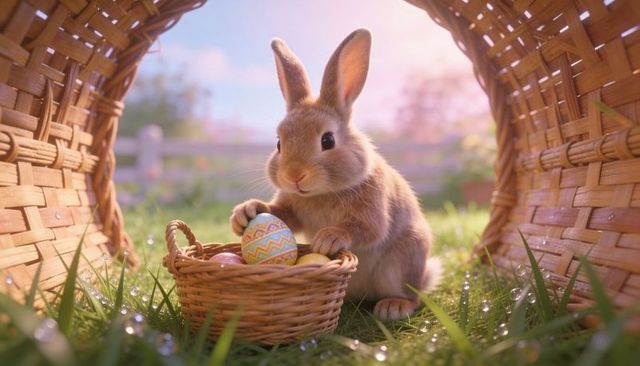 Curious bunny nesting among painted easter eggs in dewy morning garden