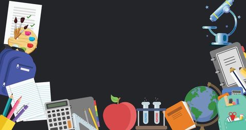 Colorful school supplies on black background