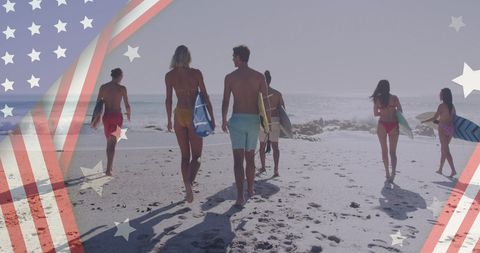 Diverse Friends with Surfboards and USA Flag Overlay at Beach