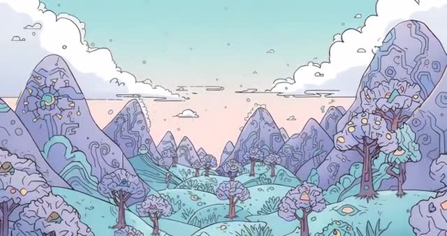 Whimsical Dawn Over Fantasy Landscape with Patterned Hills