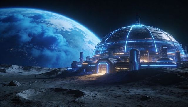 Lunar dome colony glowing with blue grid lights, earthrise looming, airlock welcoming