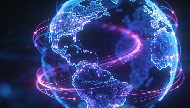 Global digital network visualizing neon connectivity, data flow and real-time links