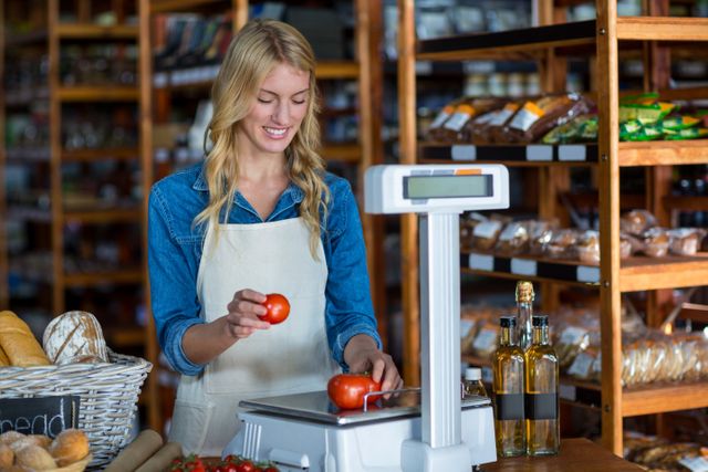 Female staff member weighing tomatoes on a scale in a supermarket, smiling while working. Shelves filled with products and baskets of bread in the background create a busy and inviting retail environment. Useful for illustrating grocery shopping, supermarket staff roles, or fresh produce retail settings.