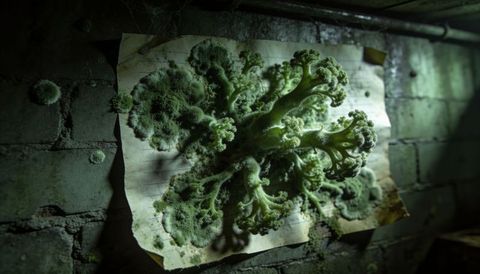 Verdant lichen spreading over aged lined paper on damp brick cellar wall, close-up