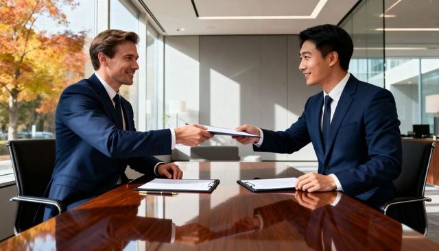 Business colleagues exchanging contract across boardroom table with autumn window view
