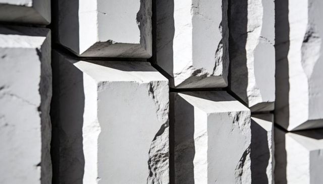 Chiseled concrete facade with modular rectangular blocks creating deep geometric shadows