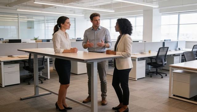 Discussing strategy in bright open-plan office, professionals collaborating at standing meeting