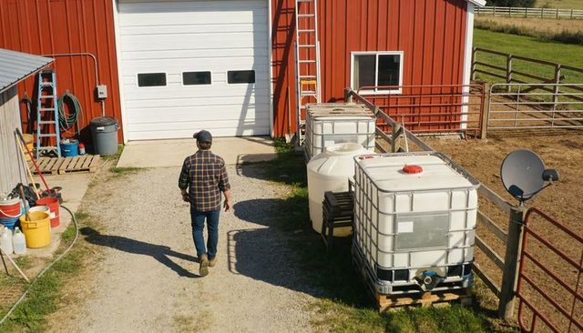 Worker walking in flannel shirt and cap across gravel drive toward red barn with ibc totes