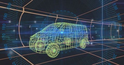 Neon Wireframe SUV Floating in Futuristic 3D HUD Visualization