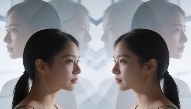 Facing asian woman reflecting with soft light, symmetry and double exposure portrait