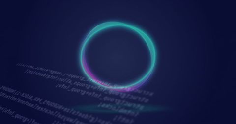 Neon circle with code overlay illustrates technology concepts