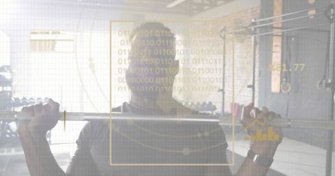 Backlit athlete lifting heavy barbell with futuristic hud overlay in industrial gym loft