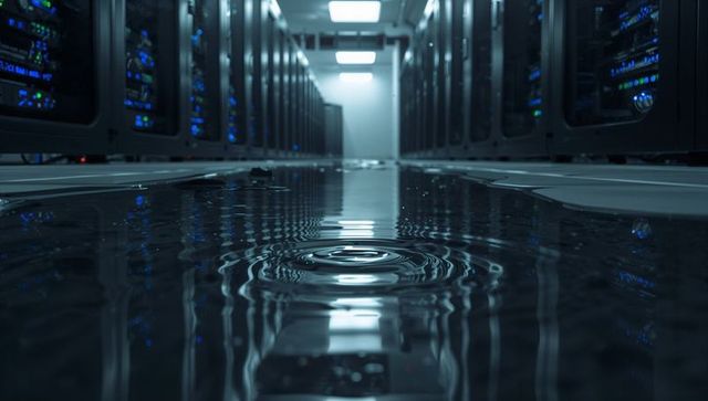 Rippling water flooding data center aisle reflecting ceiling lights and server rack leds