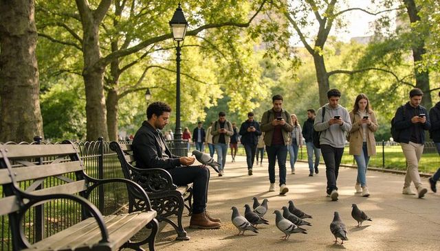 Man feeding pigeons on park bench while pedestrians walk and use smartphones in sunlit park