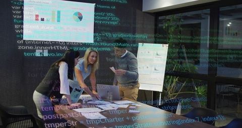 Cross-functional team collaborating on data-driven strategy with code overlay and analytics