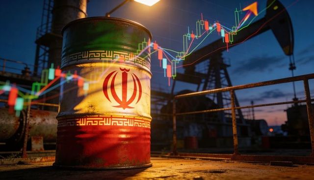 Iran oil barrel on rusted platform with rising market charts at dusk