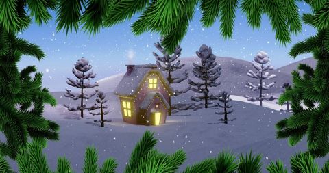 Cozy Winter Cabin in Snowy Christmas Landscape with Fir Branches