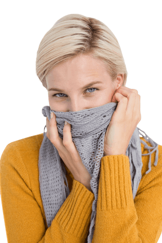 Smiling Woman with Cozy Scarf on Transparent Background