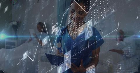 Nurse Recording Medical Data in Hospital Ward with Patients Present