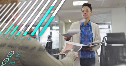 Multitasking Business Team with Futuristic Graphs and Data