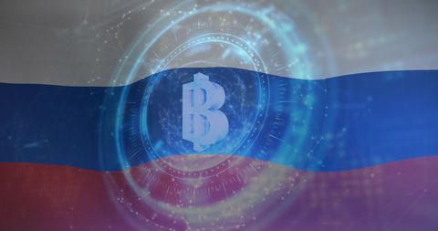 Russian Flag With Bitcoin Symbol Overlapping Conceptual
