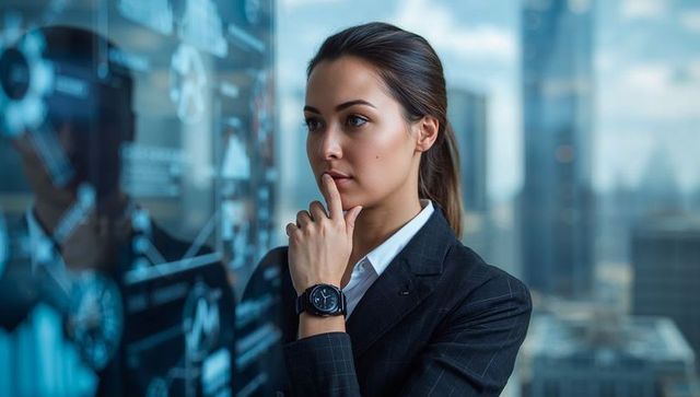 Asian executive analyzing ar data display in high-rise office wearing pinstripe blazer