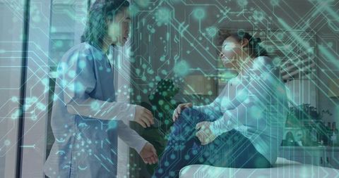 Clinician examining patient on exam table with futuristic digital health interface overlay