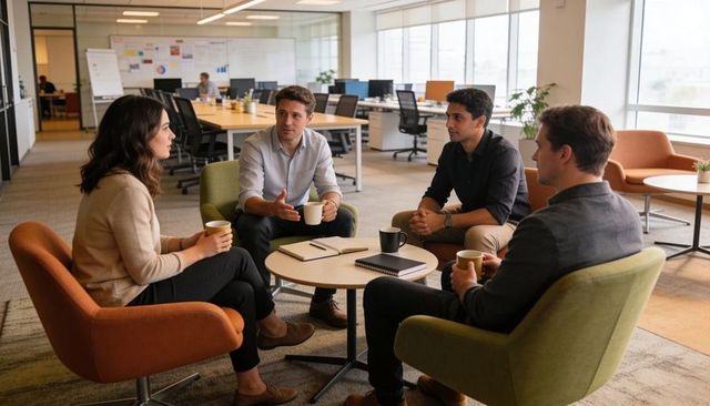 Colleagues holding coffee and brainstorming in bright open-plan office lounge for strategy session