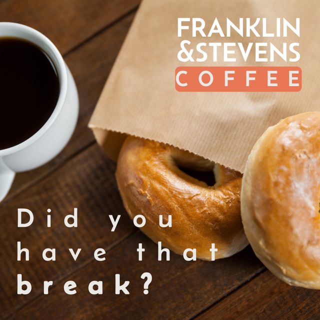Perfect for showcasing coffee brands or promoting coffee breaks. Image displays a cup of coffee and doughnuts with the 'Franklin & Stevens Coffee' logo and the text 'Did you have that break?'. Ideal for advertisements, social media marketing, and promotional materials for cafés and coffee shops.