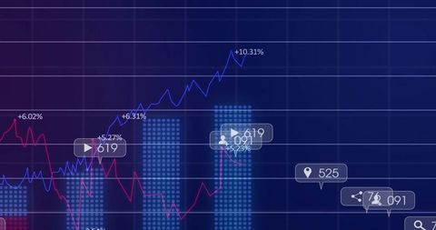 Neon Analytics Dashboard Showing Rising Blue Trend Line, Red Volatility, Dotted Bars