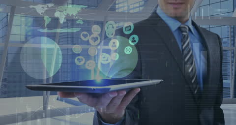 Businessman Holding Tablet with Digital Global Charts