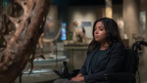 Woman in Wheelchair Speaking and Glancing During Museum Gallery Interview Near Fossil Exhibit