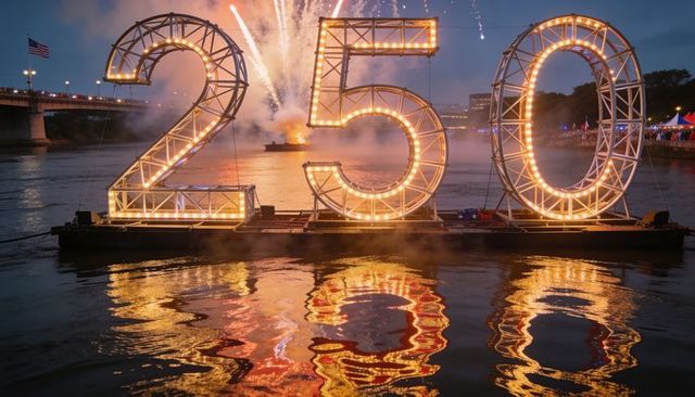 Floating glowing 250 numerals on river at dusk with fireworks and golden reflections