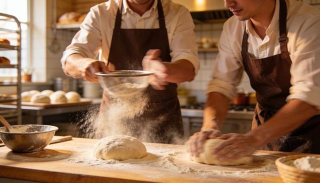 Artisanal bakers sifting flour and kneading dough on wooden counter in warm bakery