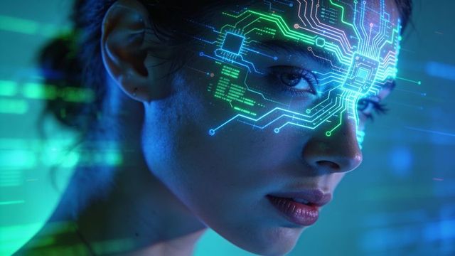 Woman wearing holographic circuit facial interface with glowing microchip nodes, cyber ai