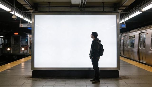 Commuter standing facing blank backlit display on subway platform with trains approaching